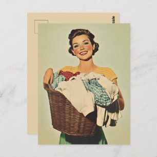 Smiling Housewife with Laundry Basket Postcard