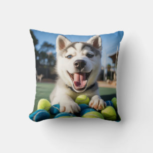 🐶Smiling Husky Puppy 🎾with Tennis balls Throw Pillow