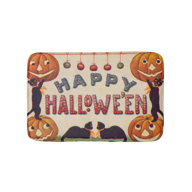 Smiling Jack O Lantern Pumpkin Black Cat Apples Bath Mat (Front)