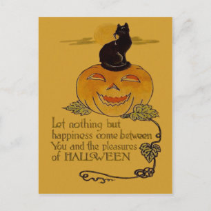Smiling Jack O Lantern Pumpkin Black Cat Vine Postcard