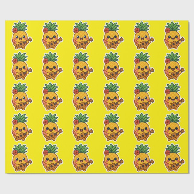 Smiling Kawaii Pineapple – Tropical Wrapping Paper (Flat)