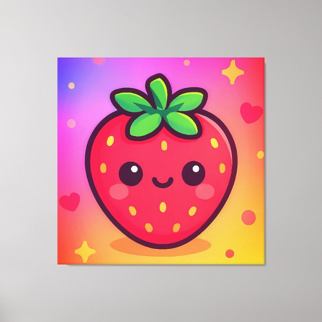 Smiling Kawaii Strawberry on Pastel Gradient Backg Canvas Print (Front)