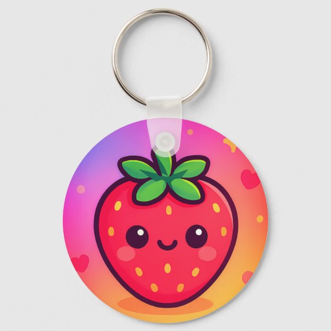 Smiling Kawaii Strawberry on Pastel Gradient Backg Keychain (Front)