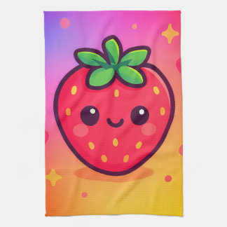 Smiling Kawaii Strawberry on Pastel Gradient Backg Kitchen Towel