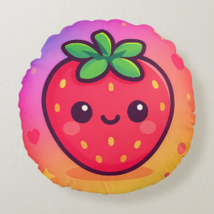 Smiling Kawaii Strawberry on Pastel Gradient Backg Round Pillow
