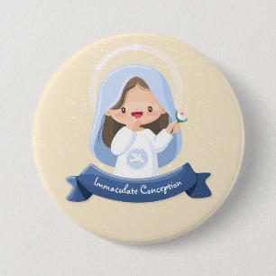 Smiling Kawaii Virgin Mary – Beige Background 3 Inch Round Button