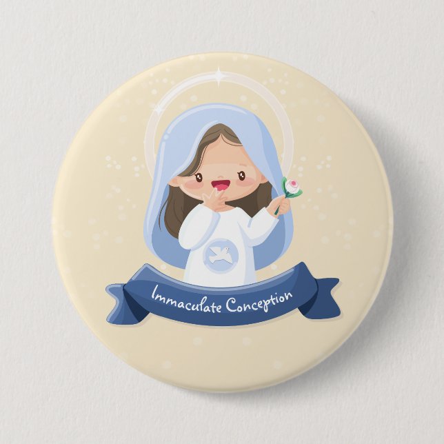 Smiling Kawaii Virgin Mary – Beige Background 3 Inch Round Button (Front)