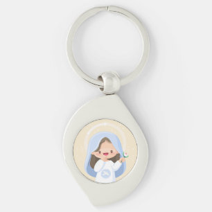 Smiling Kawaii Virgin Mary with Flower – Beige Keychain