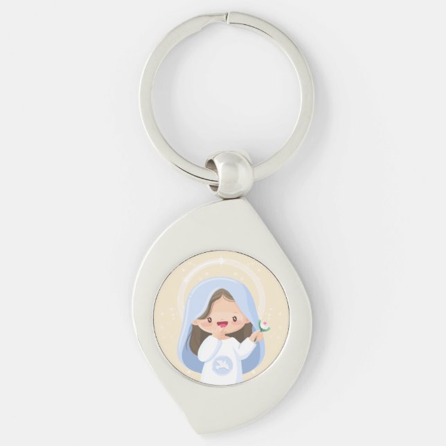 Smiling Kawaii Virgin Mary with Flower – Beige Keychain (Front)