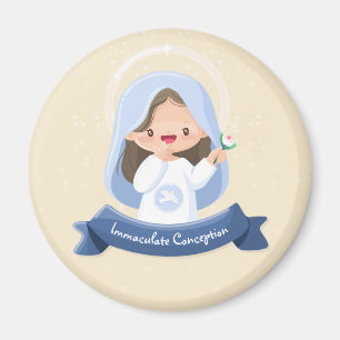 Smiling Kawaii Virgin Mary with Flower – Beige Magnet