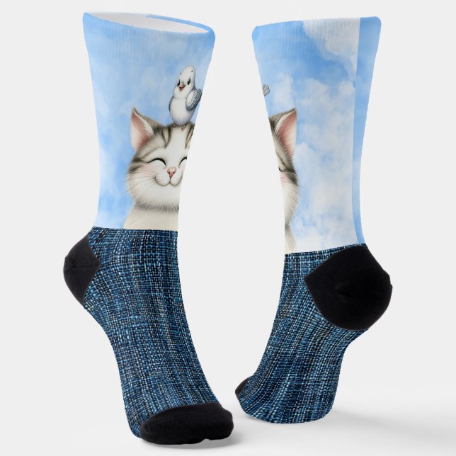 Smiling kitten and bird socks (Angled)