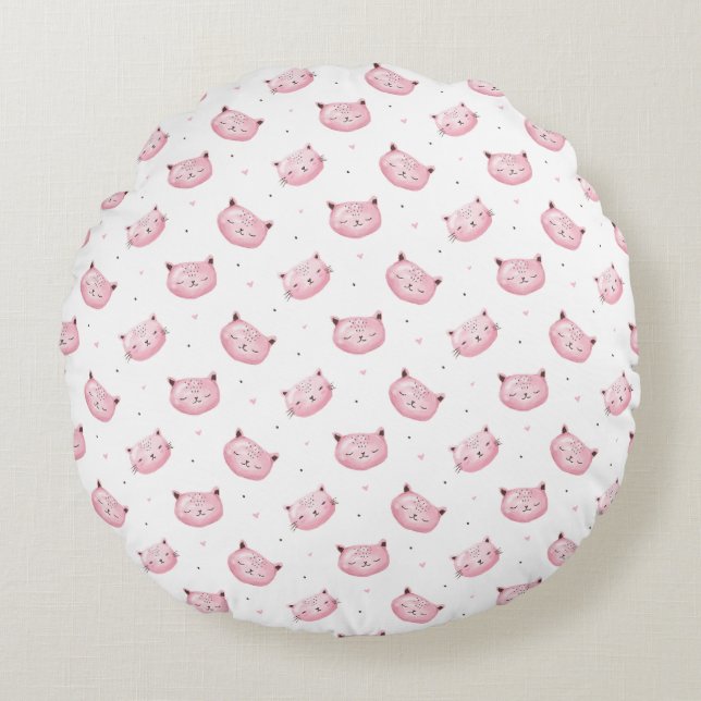 Smiling Kitty Faces Pattern Round Pillow (Front)