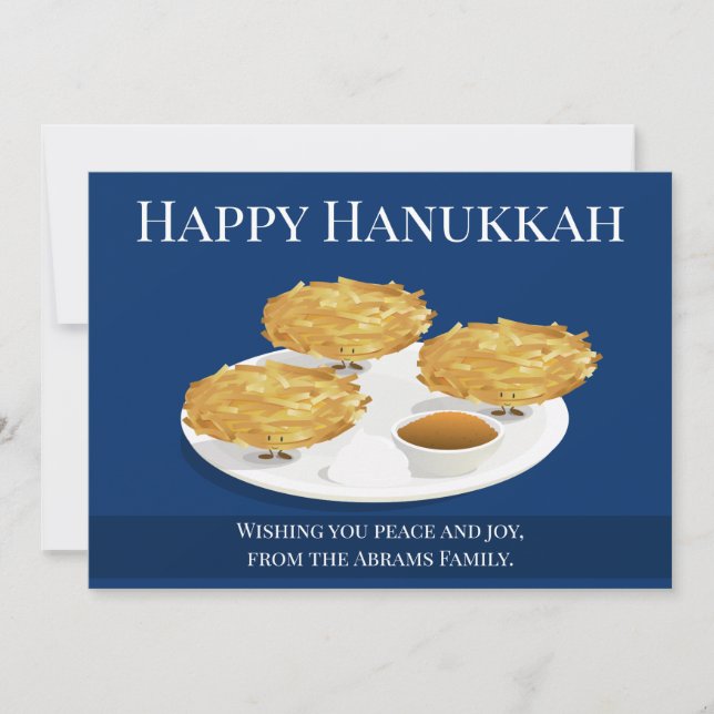 Smiling Latkes Cartoon Holiday Hanukkah Card (Front)