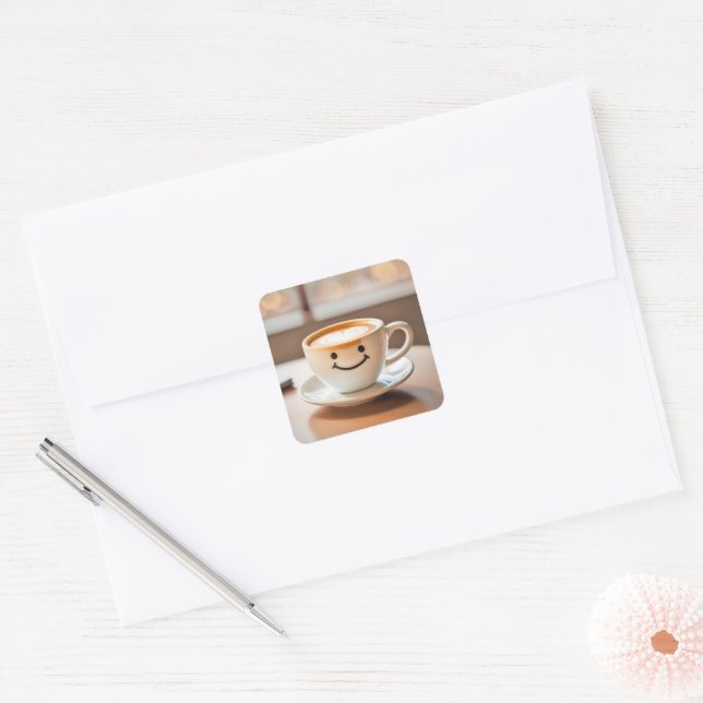 Smiling Latte By Window Square Sticker (Envelope)