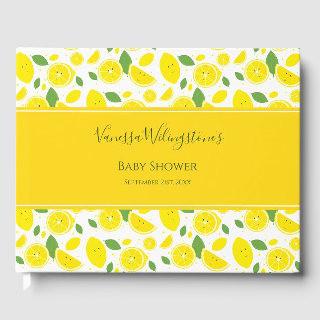Smiling Lemons Yellow White Green Baby Shower Guest Book (Front)