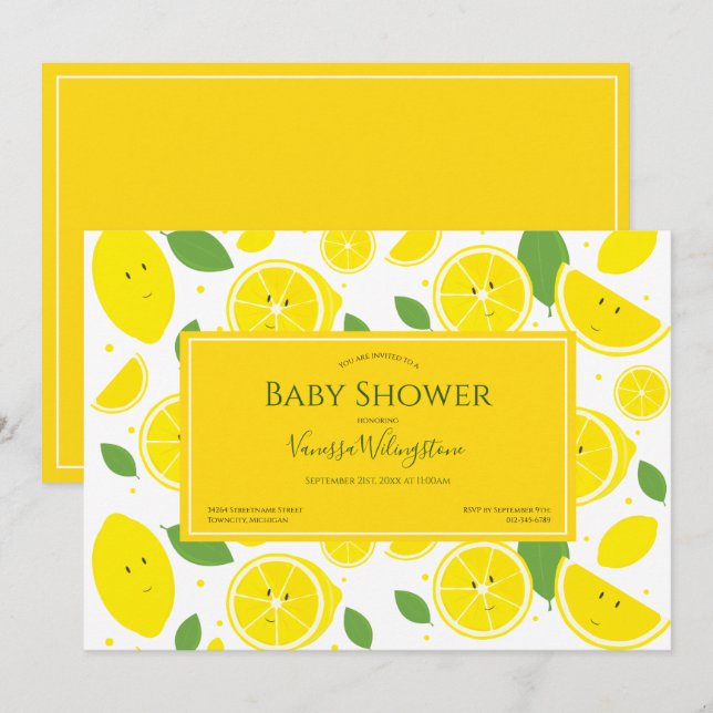 Smiling Lemons Yellow White Green Baby Shower Invitation (Front/Back)