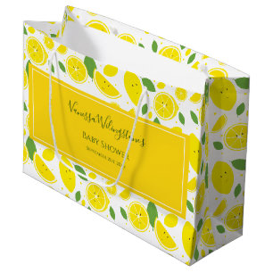 Smiling Lemons Yellow White Green Baby Shower Large Gift Bag