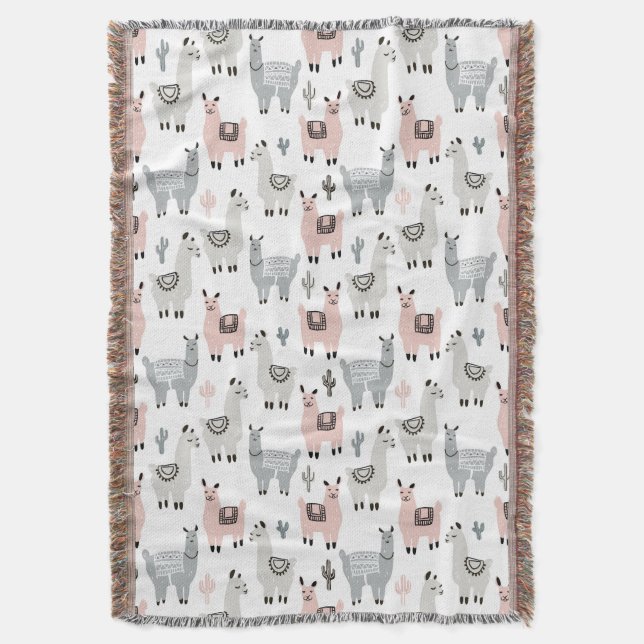 Smiling Llamas Pattern Throw Blanket (Front Vertical)
