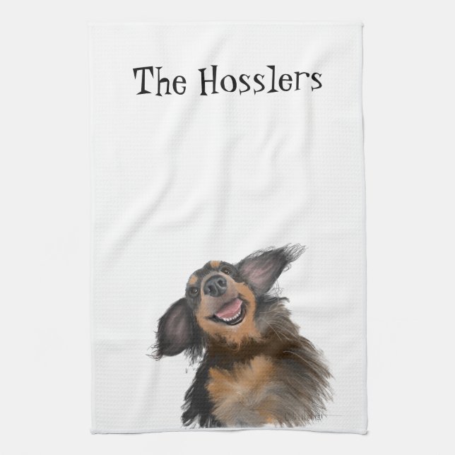 Smiling Long Haired Dachshund Original Art Kitchen Towel (Vertical)
