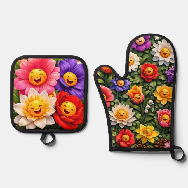 Smiling meow whimsical happy flower oven, mint and oven mitt & pot holder set (Front)