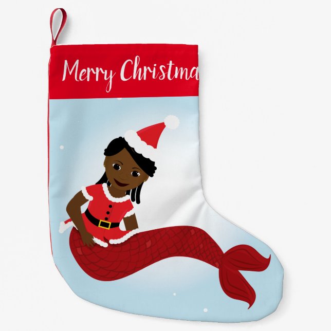 Smiling Mermaid African America Santa Outfit Small Christmas Stocking (Front)