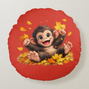 Smiling Monkey with Big Eyes Playful Tropical Round Pillow
