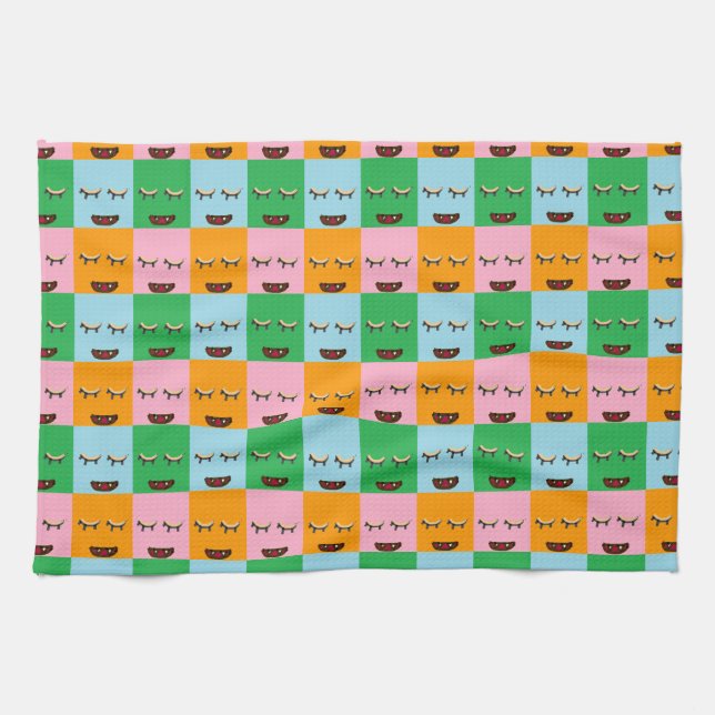 Smiling monster block faces kitchen towel (Horizontal)