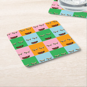 Smiling monster block faces square paper coaster