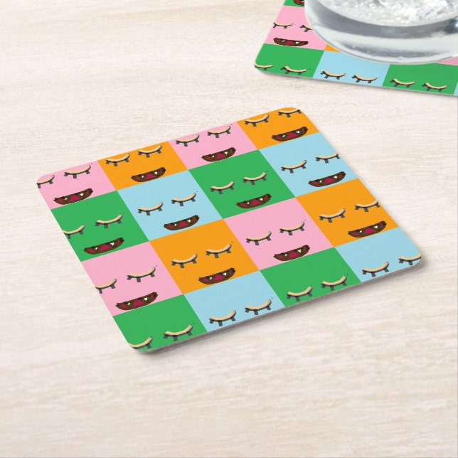 Smiling monster block faces square paper coaster (Angled)