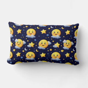 Smiling Moon and Stars with Clouds on Night Sky Lumbar Pillow