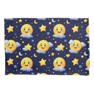 Smiling Moon and Stars with Clouds on Night Sky Pillowcase