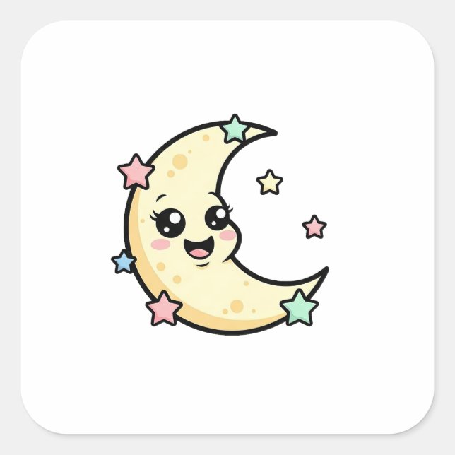 Smiling Moon – Cute Kawaii Illustration Square Sticker (Front)