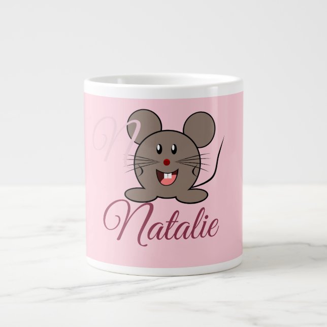 Smiling  mouse - in Pastel pink  monogrammed Large Coffee Mug (Front)