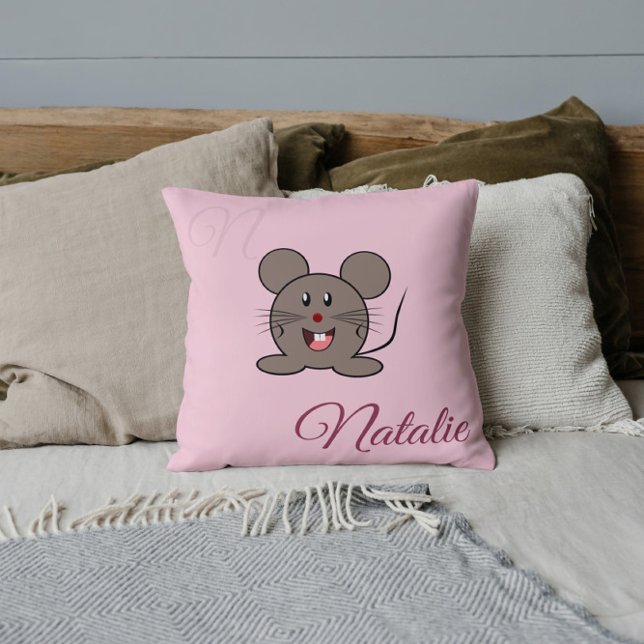 Smiling  mouse - in Pastel pink  monogrammed Throw Pillow (Creator Uploaded)