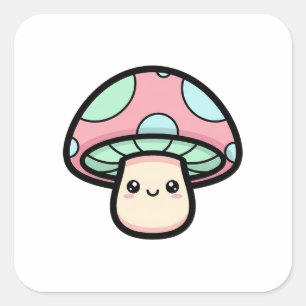 Smiling Mushroom – Cute Kawaii Illustration Square Sticker