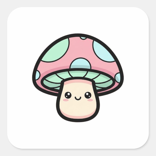 Smiling Mushroom – Cute Kawaii Illustration Square Sticker (Front)