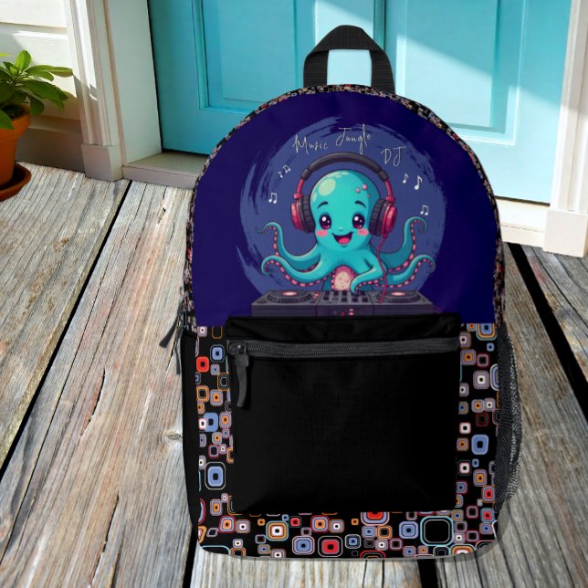Smiling Octopus DJ, Happy Music Jungle Printed Backpack (Creator Uploaded)