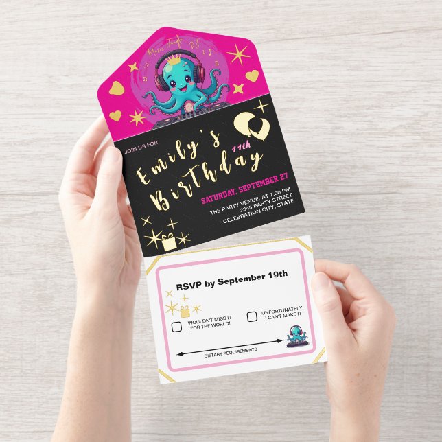 Smiling Octopus DJ, Happy Music Party / Birthday All In One Invitation (Tearaway)