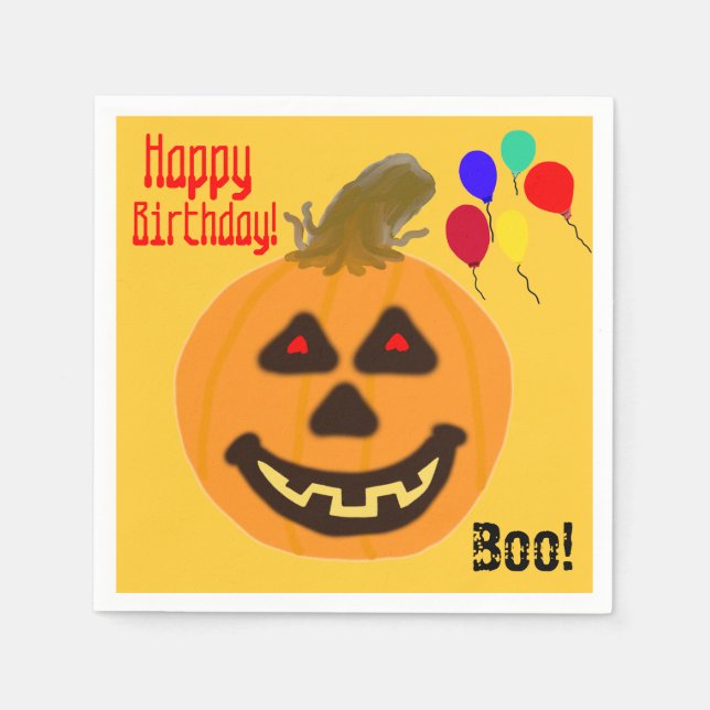 Smiling Orange Pumpkin Birthday Balloons Napkin (Front)