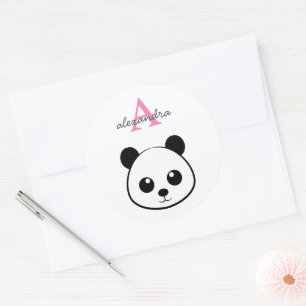 Smiling  panda face Monogram  Classic Round Sticker