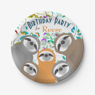 Smiling Party Sloths with Twirled Streamers Paper Plate