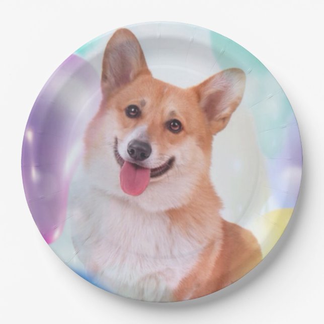 Smiling Pembroke Welsh Corgi with Balloons Paper Plate (Front)