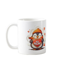 Smiling Penguin holding heart sign "MY MOM"