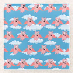 Smiling Pig Pink Wings Flying Animal Funny Cartoon Glass Coaster
