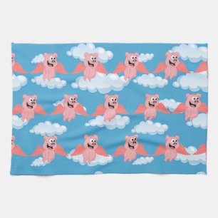 Smiling Pig Pink Wings Flying Animal Funny Cartoon Kitchen Towel