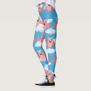 Smiling Pig Pink Wings Flying Animal Funny Cartoon Leggings