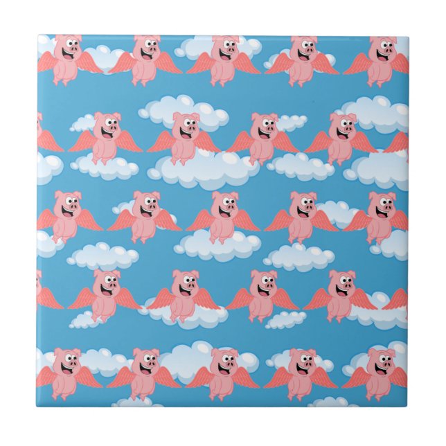 Smiling Pig Pink Wings Flying Animal Funny Cartoon Tile (Front)