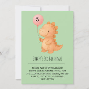 Smiling Pink Dino Holding Balloon Birthday  Invitation