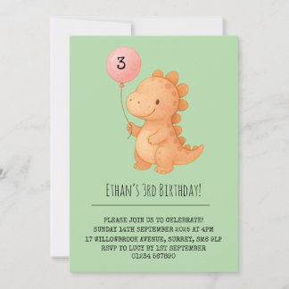 Smiling Pink Dino Holding Balloon Birthday Invitation