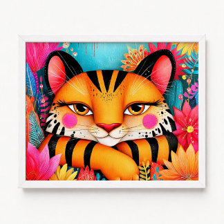 Smiling Pink Floral Orange Tiger Painting Poster